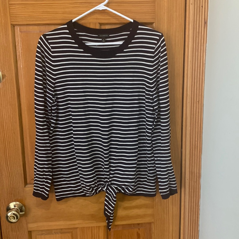 Talbots Navy & White Striped Lightweight Sweater with Front Tie Detail